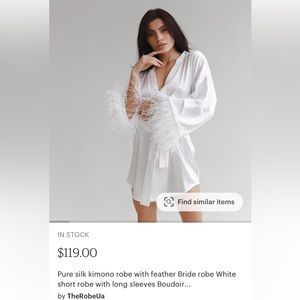White silk bridal robe with feather trim, long sleeve, mini length